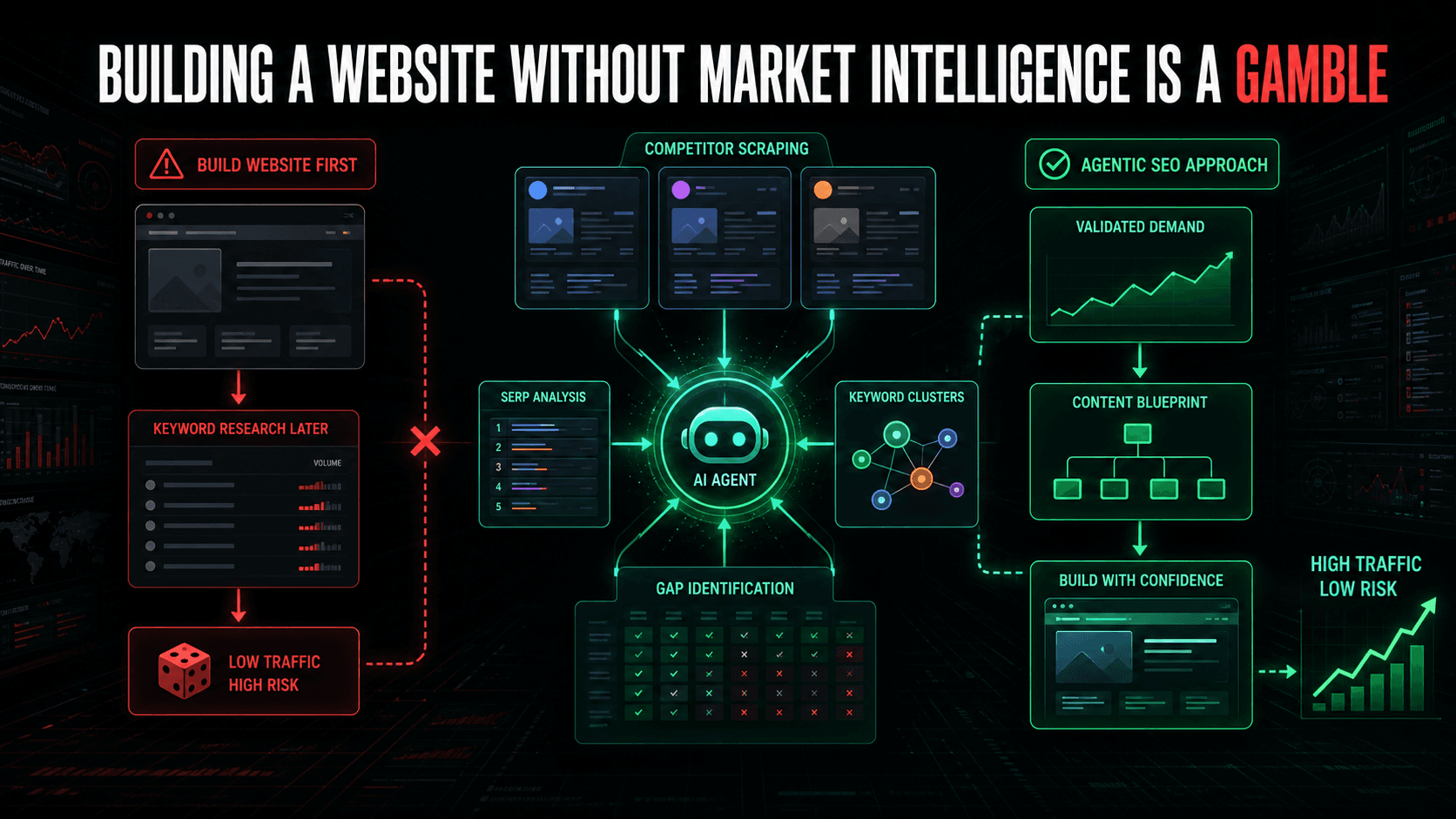 Dark-mode infographic showing an Agentic SEO platform scraping competitors, mapping keyword clusters, and turning market intelligence into a website blueprint.