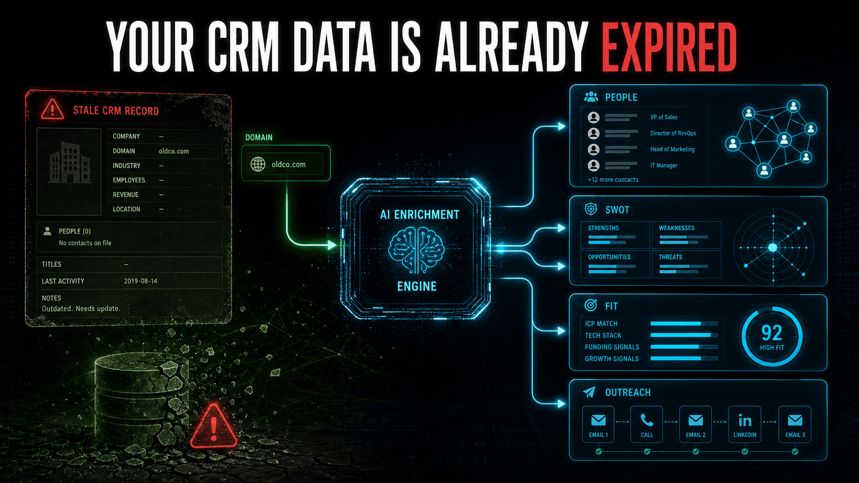 Dark-mode infographic showing stale CRM records transformed into enriched account intelligence with people, SWOT, fit, and outreach modules.