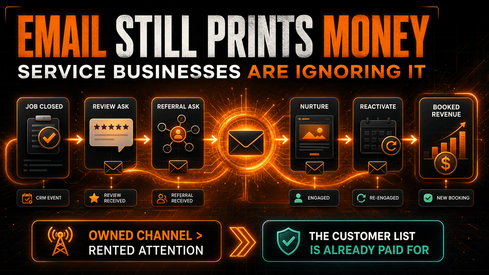 Dark-mode orange-glow infographic showing a service-business email automation loop from completed job to review request, referral ask, nurture, reactivation, and booked revenue.