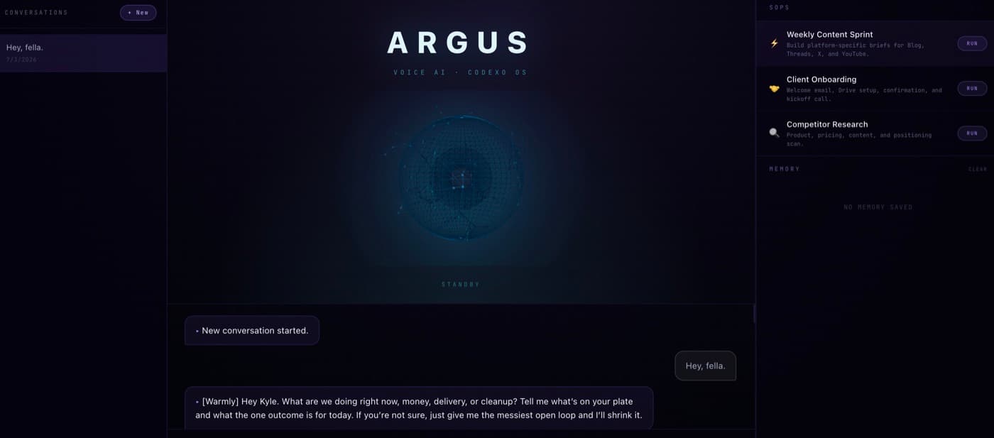 Argus internal operating center interface with conversations, SOPs, memory, and agent command controls.