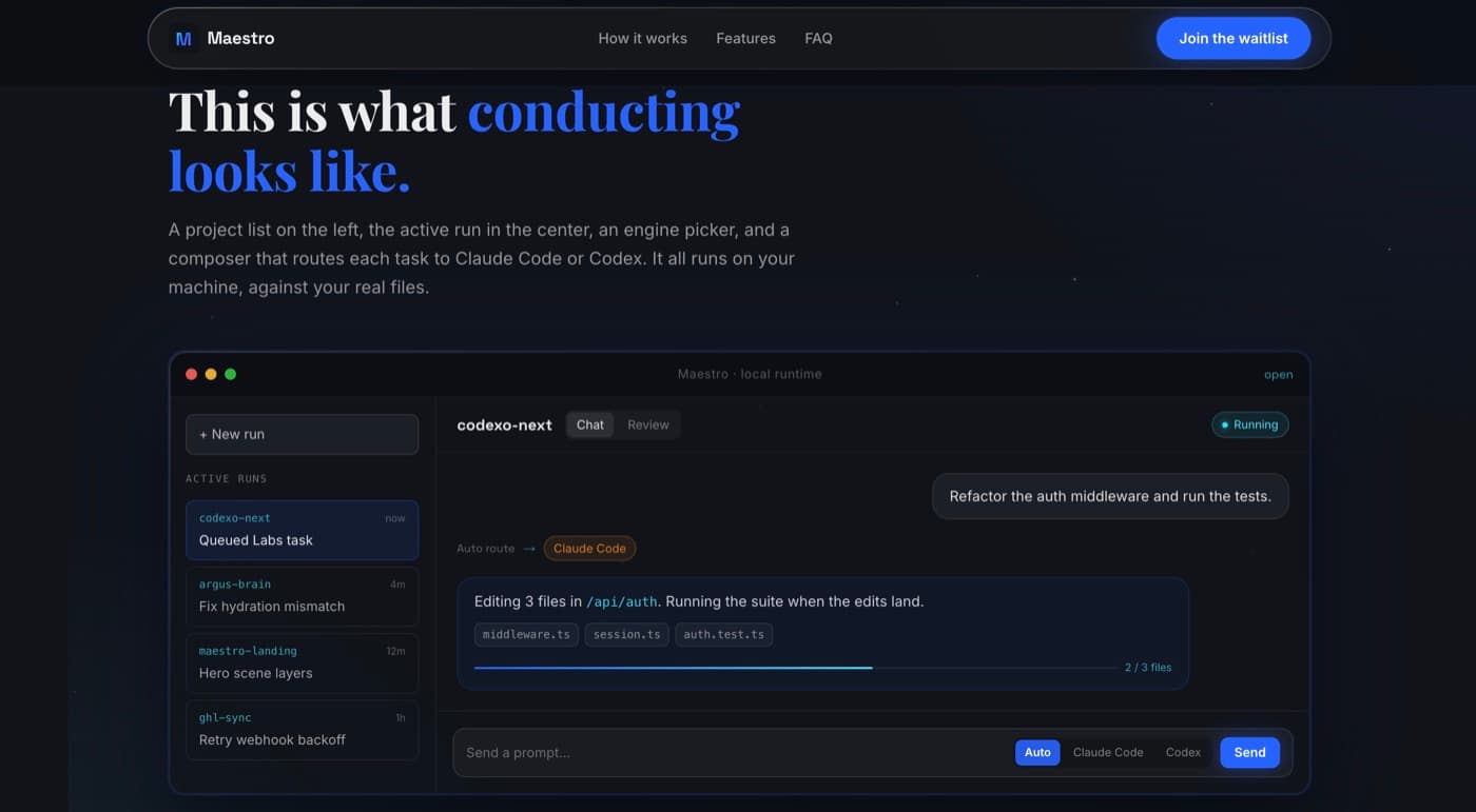 Maestro landing page showing a local runtime interface for routing tasks between Claude Code and Codex.