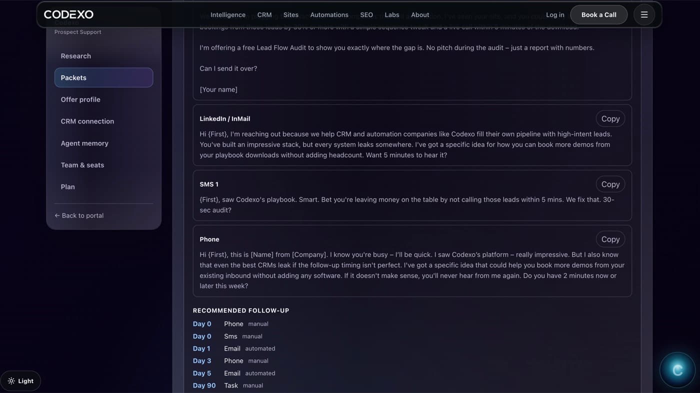 Codexo Prospect Support dashboard showing outreach packets, scripts, and recommended follow-up.