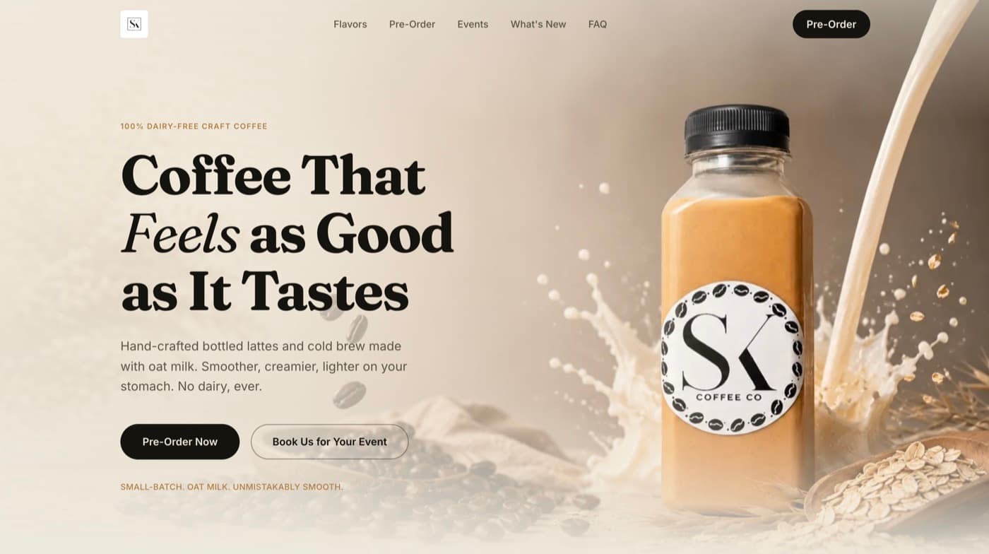 Example Codexo website buildout for SK Coffee Co with a product-focused hero layout.