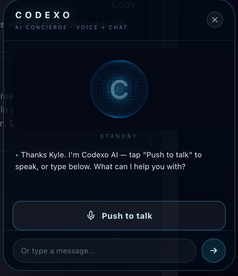 Codexo website AI concierge widget showing voice and text chat controls.