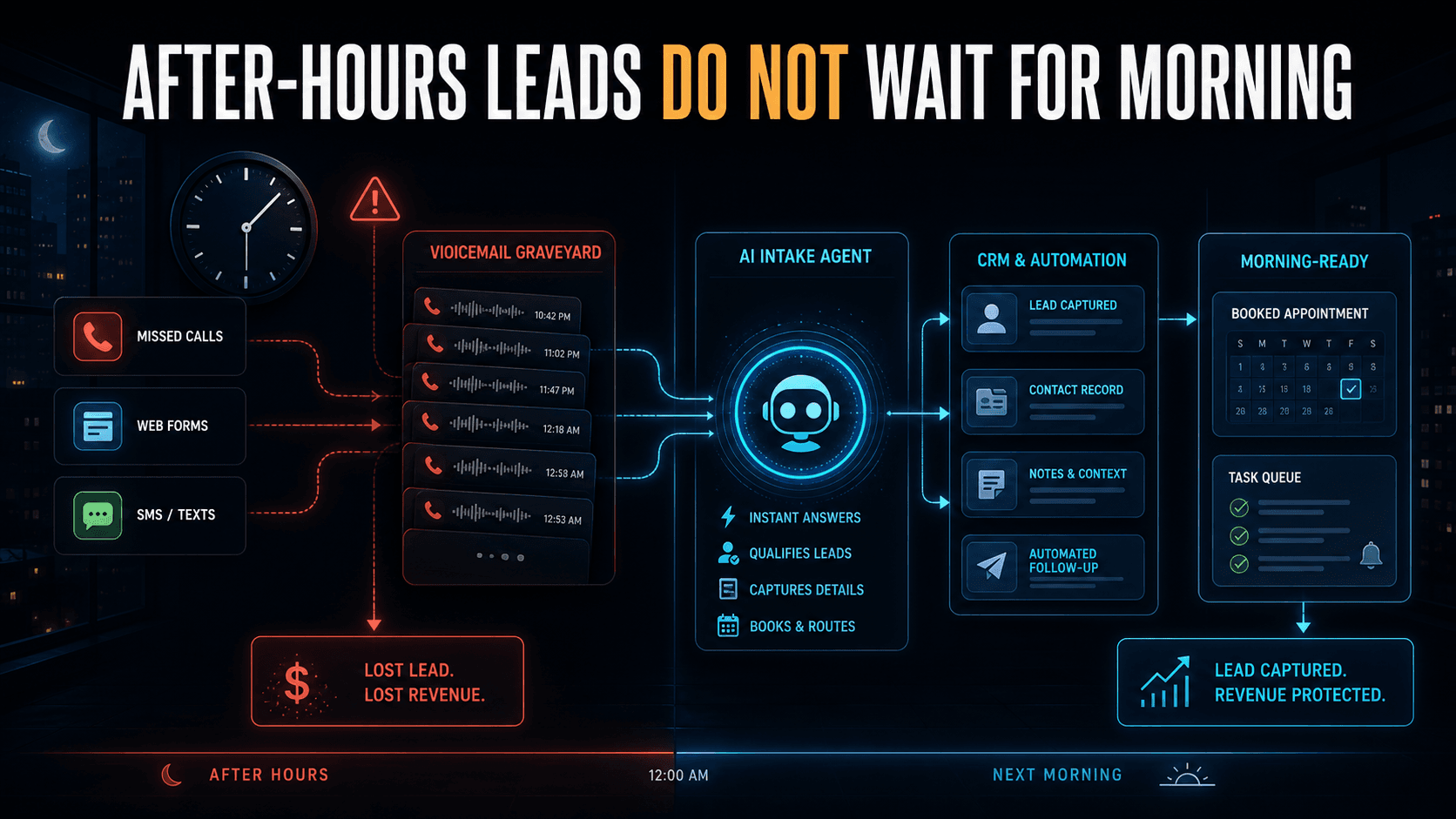 Dark-mode infographic showing after-hours calls and messages either dying in voicemail or being captured by AI intake and routed into CRM follow-up.