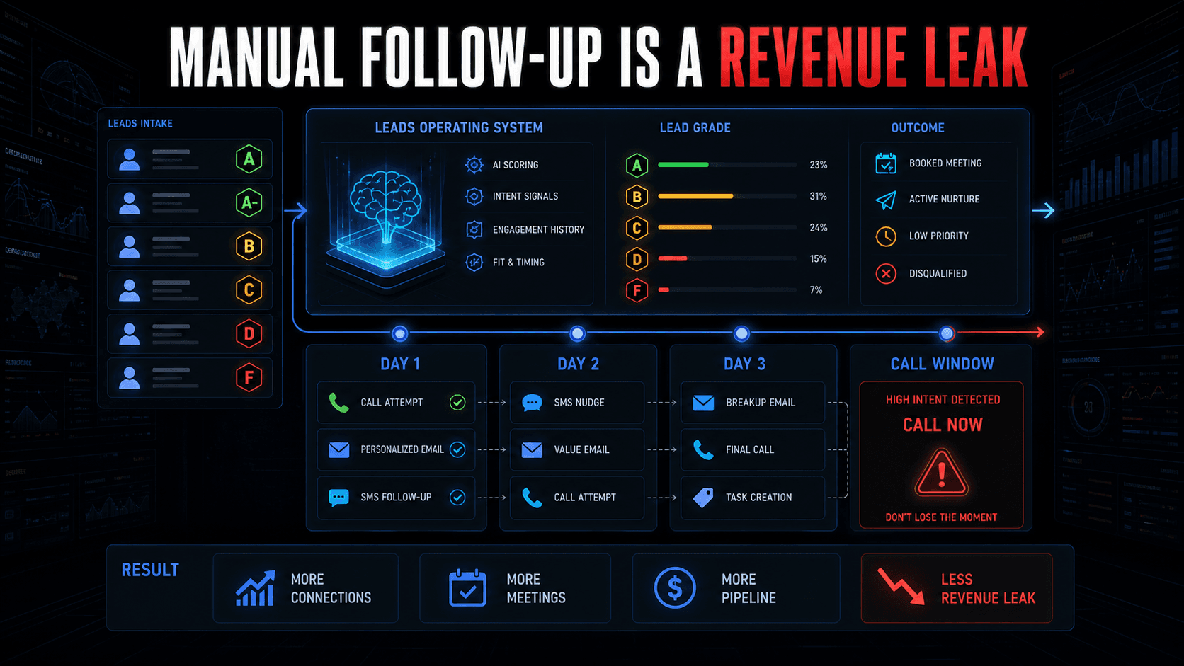 Dark-mode infographic showing a Leads Operating System grading leads and triggering day one, day two, day three, and call-window follow-up.