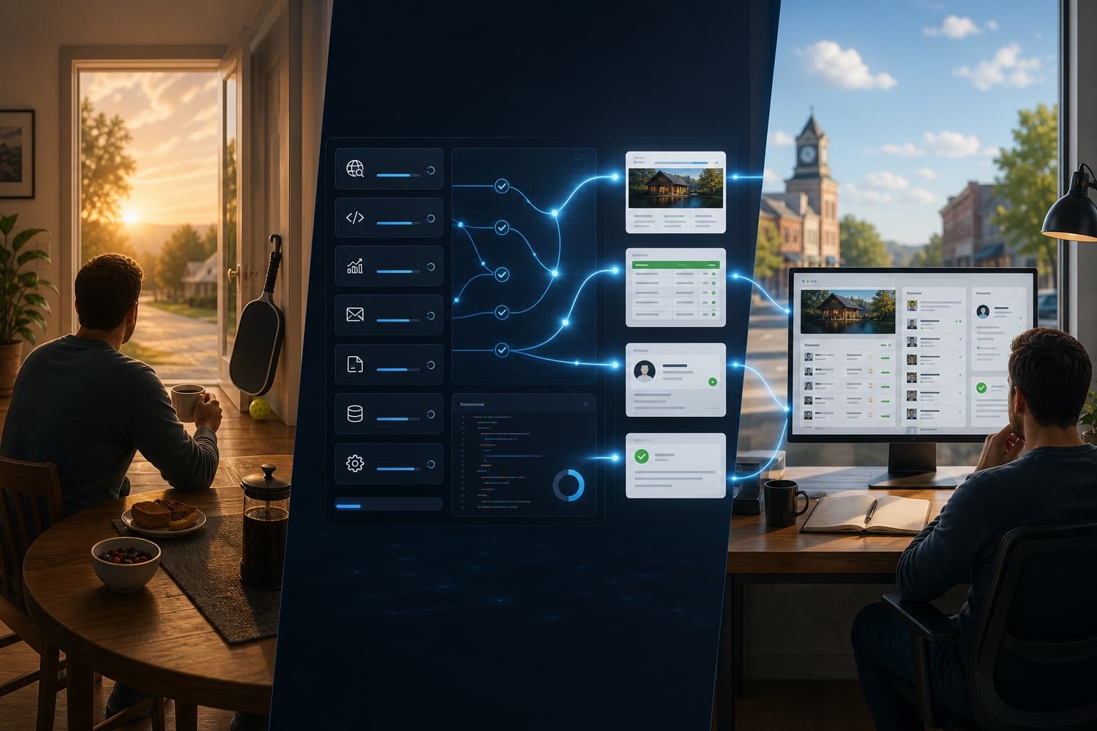 A small-business operator spends time away from the desk while connected AI agent loops complete research, debugging, CRM, and website-lead work before a midday review.