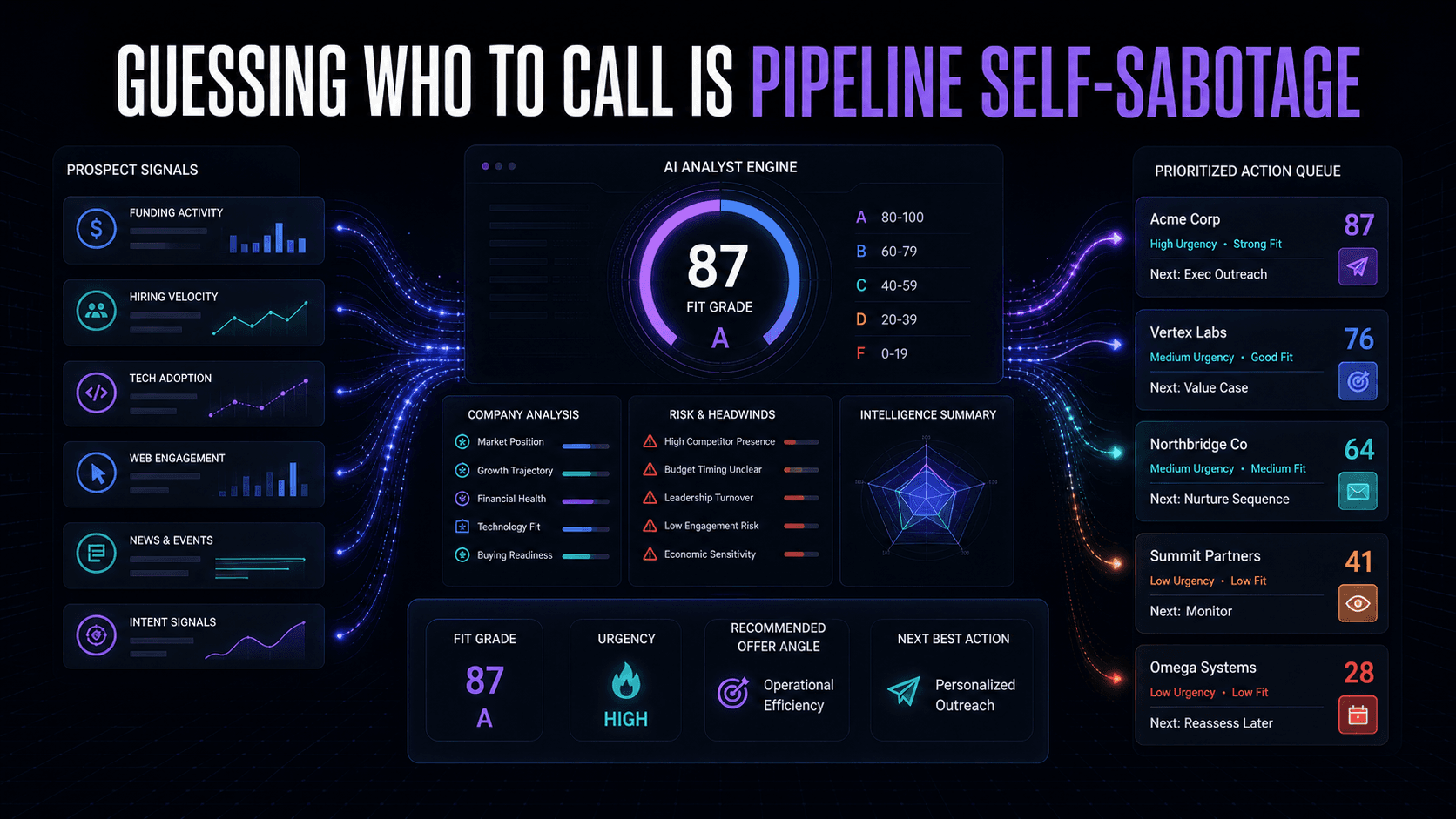 Dark-mode infographic showing an AI intelligence dashboard turning messy prospect signals into fit grade, urgency, offer angle, and next best action.